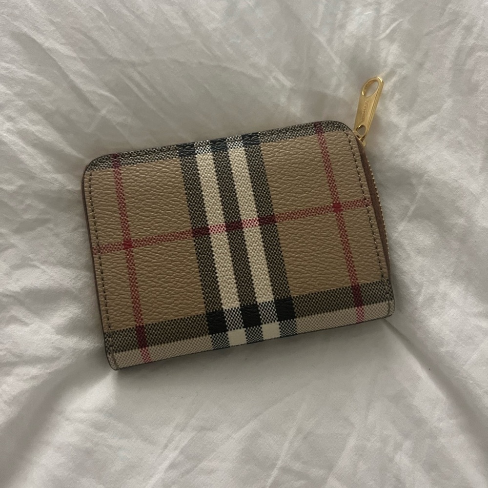 Burberry Tan Plaid Wallet with Gold Zipper